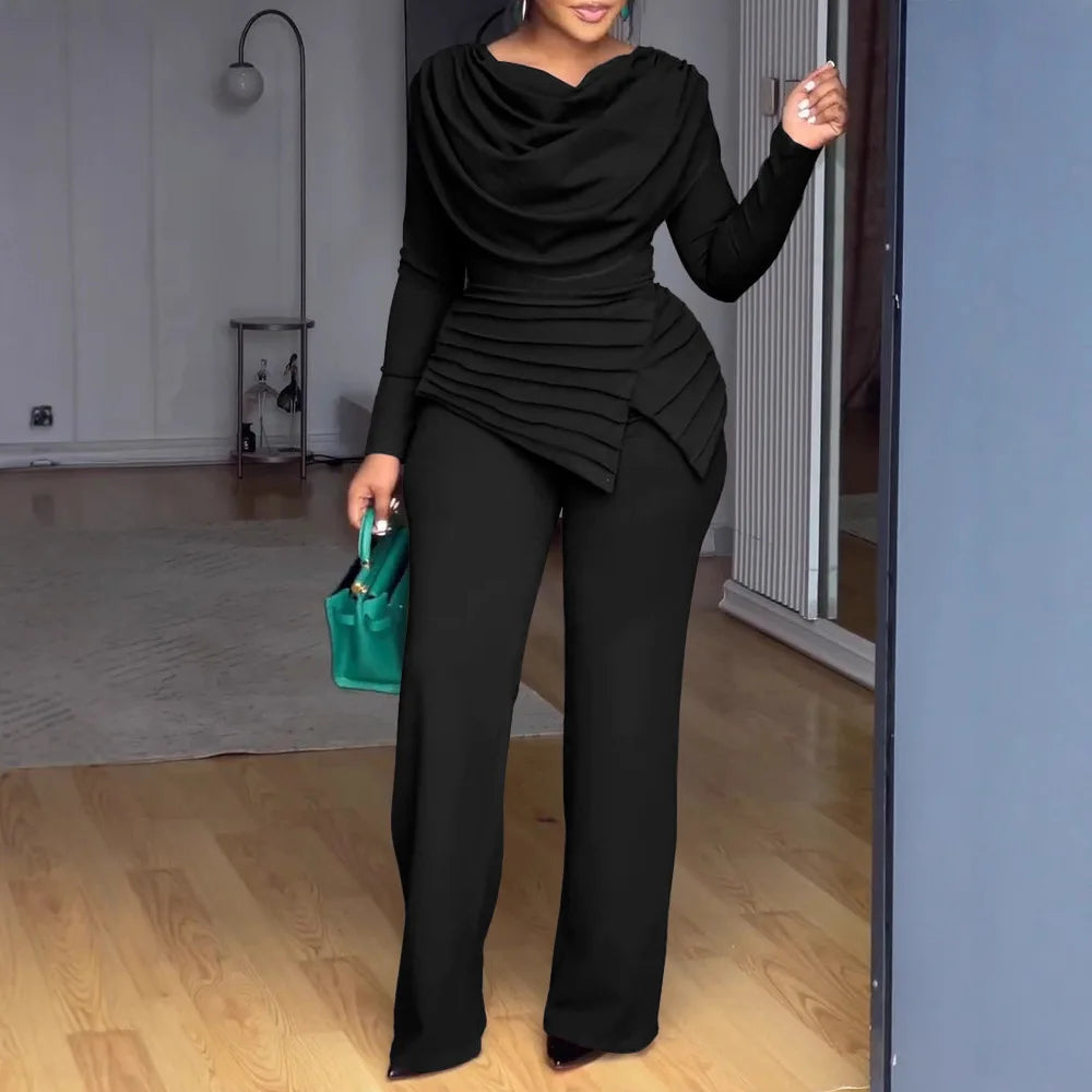 2025 Swing Collar Ruched Jumpsuit Long Sleeve Solid Elegant Office Lady Asymmetric Hem Casual Vintage Ruched Slim Autumn