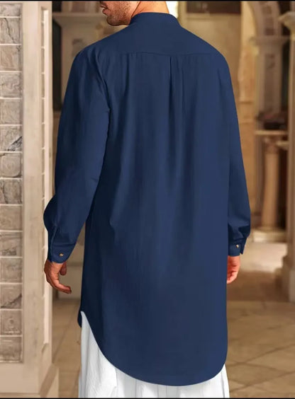 2026 Summer New Muslim Middle East Arab Malaysia Mens Button Cotton Linen Shirt Muslim Robe Long Sleeve Traditional Tops