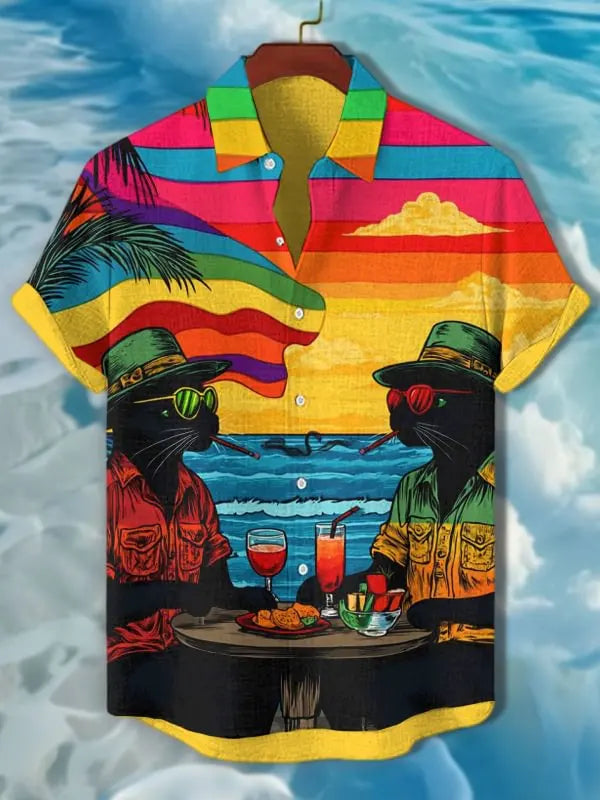 Funny Men's Cat Drinking Beer Shirts 3D Print Hawaiian Shirts Summer Men Women Short Sleeve Blouse Casual Vacation Beach Y2k Top