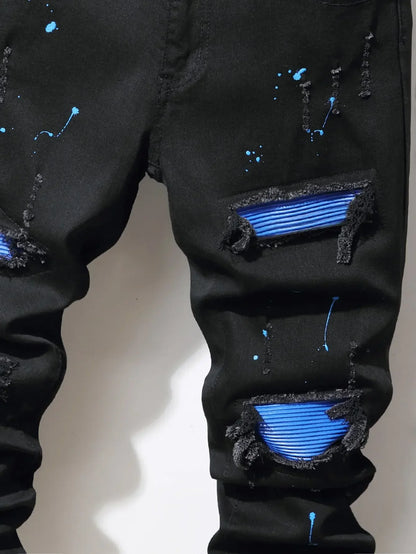 Jean Slim Straight Patchwork LVCCCI'S – Style Chic, Haute Élasticité &amp; Denim Épais