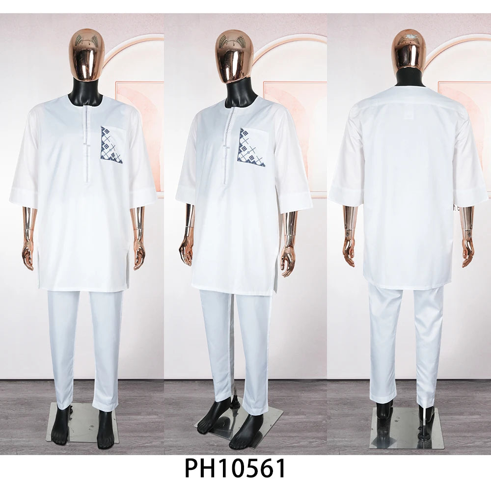 New African Traditional Clothes For Business Men Embroidery Dashiki Robe Shirt and Pants Sets 2 PCS Outfits Wedding Party 2025