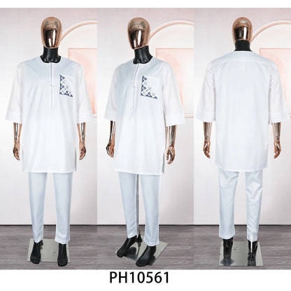 New African Traditional Clothes For Business Men Embroidery Dashiki Robe Shirt and Pants Sets 2 PCS Outfits Wedding Party 2025