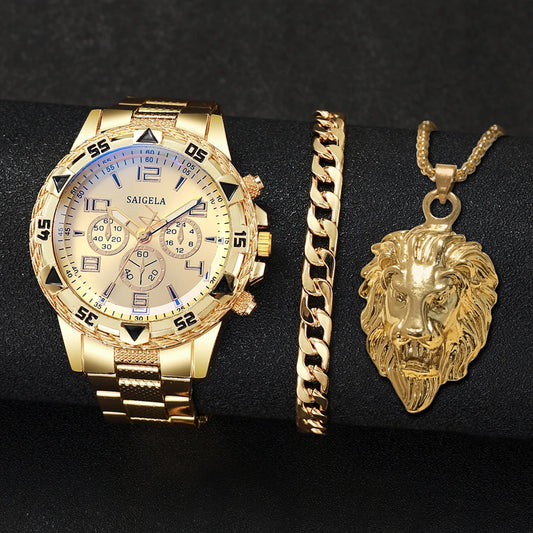 3PCS/Set Fashion Steel Band Men's Watches Arabic Dial Man Business Watches Jewelry Set Relogio Masculino（Box Not Included ）