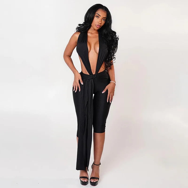 Patchwork Halter Romper Women Ribbon Sleeveless Elastic Backless Workout Activewear Midnight Activity Slim Playsuits