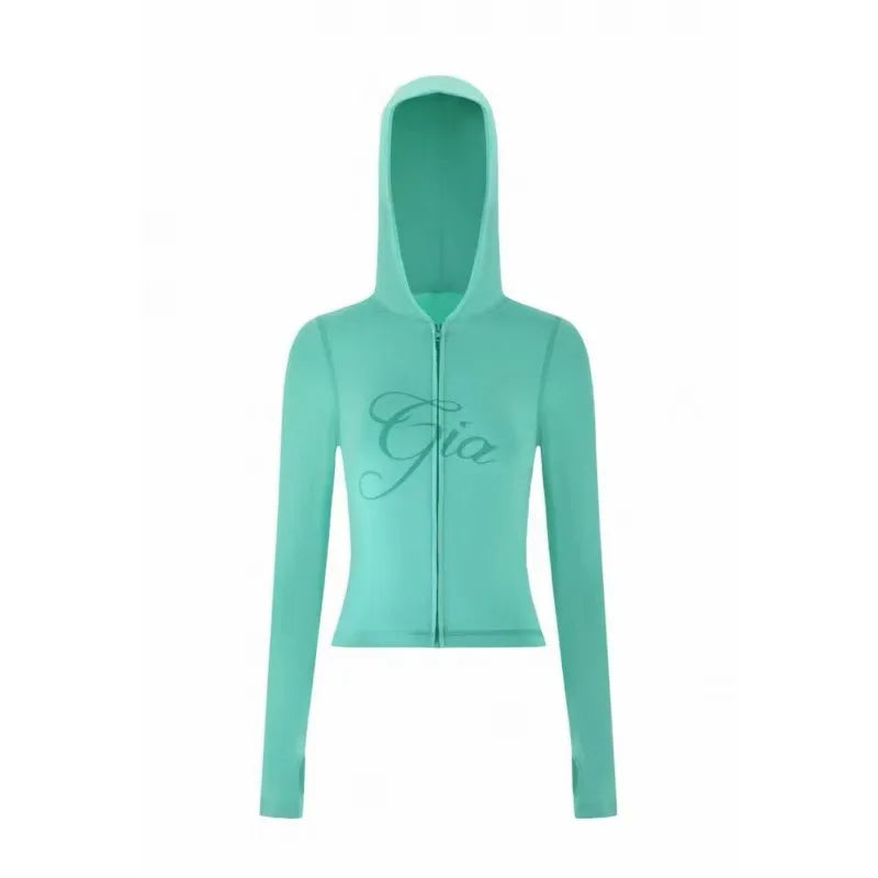 slim fit shoulder floral print bright line design slim fit hooded zipper short jacket pants for women