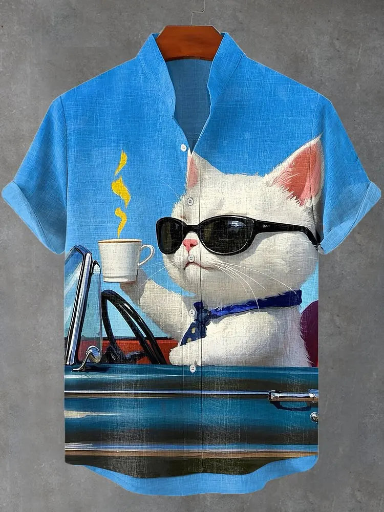 Funny Men's Cat Drinking Beer Shirts 3D Print Hawaiian Shirts Summer Men Women Short Sleeve Blouse Casual Vacation Beach Y2k Top