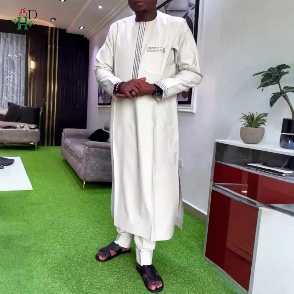 New African Traditional Clothes For Business Men Embroidery Dashiki Robe Shirt and Pants Sets 2 PCS Outfits Wedding Party 2025