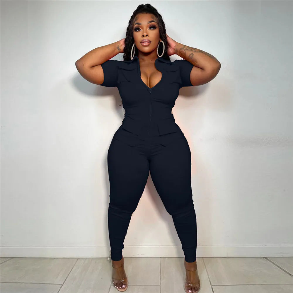 Wmstar Jumpsuit Women Summer Romper V Neck Zipper Short Sleeves Solid Pockets One Piece Outfits Bodysuit Wholesale Dropshipping