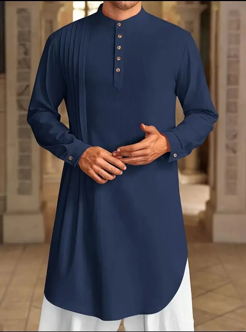 2026 Summer New Muslim Middle East Arab Malaysia Mens Button Cotton Linen Shirt Muslim Robe Long Sleeve Traditional Tops