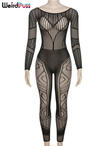 Combinaisons transparentes à manches longues pour femmes, ajourées, style sexy pour soirées, clubs ou danse, tenues galbantes style "coquette".