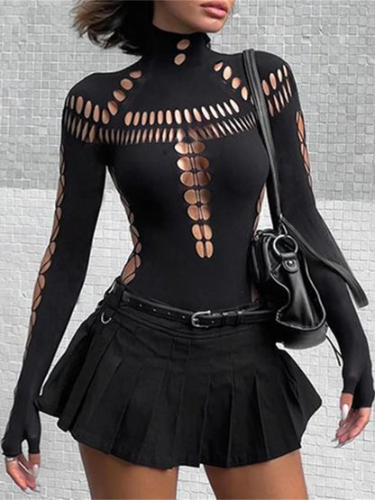 Body femme ajouré avec laçage croisé et manches longues, coupe moulante sexy, tenue de soirée ou club, style streetwear Y2K.