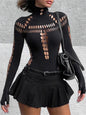 Body femme ajouré avec laçage croisé et manches longues, coupe moulante sexy, tenue de soirée ou club, style streetwear Y2K.