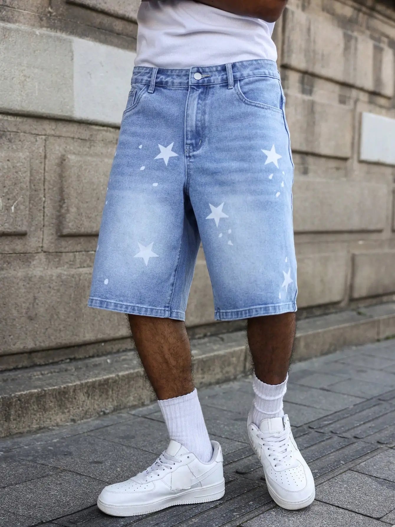 Short en Jean Ample Imprimé Étoiles – Style Casual, Lavage aux Enzymes &amp; Look d'Été