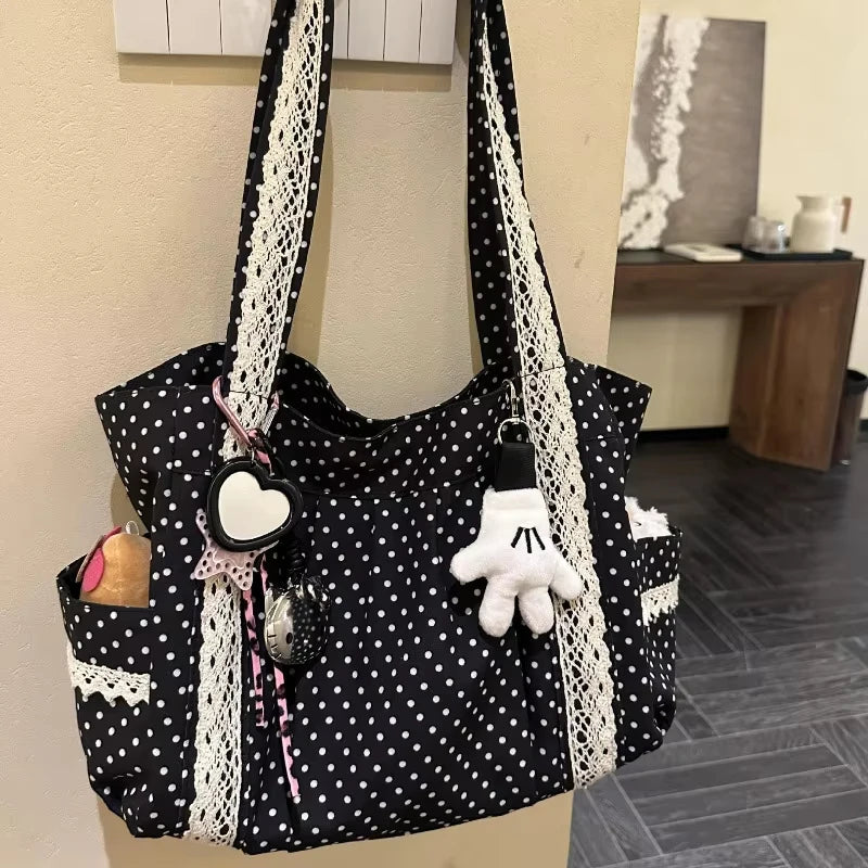Korean Polka Dot Shoulder Bag For Women Retro Fashion Large Capacity Tote Bag Literary Work Commute Versatile Canvas Handbag