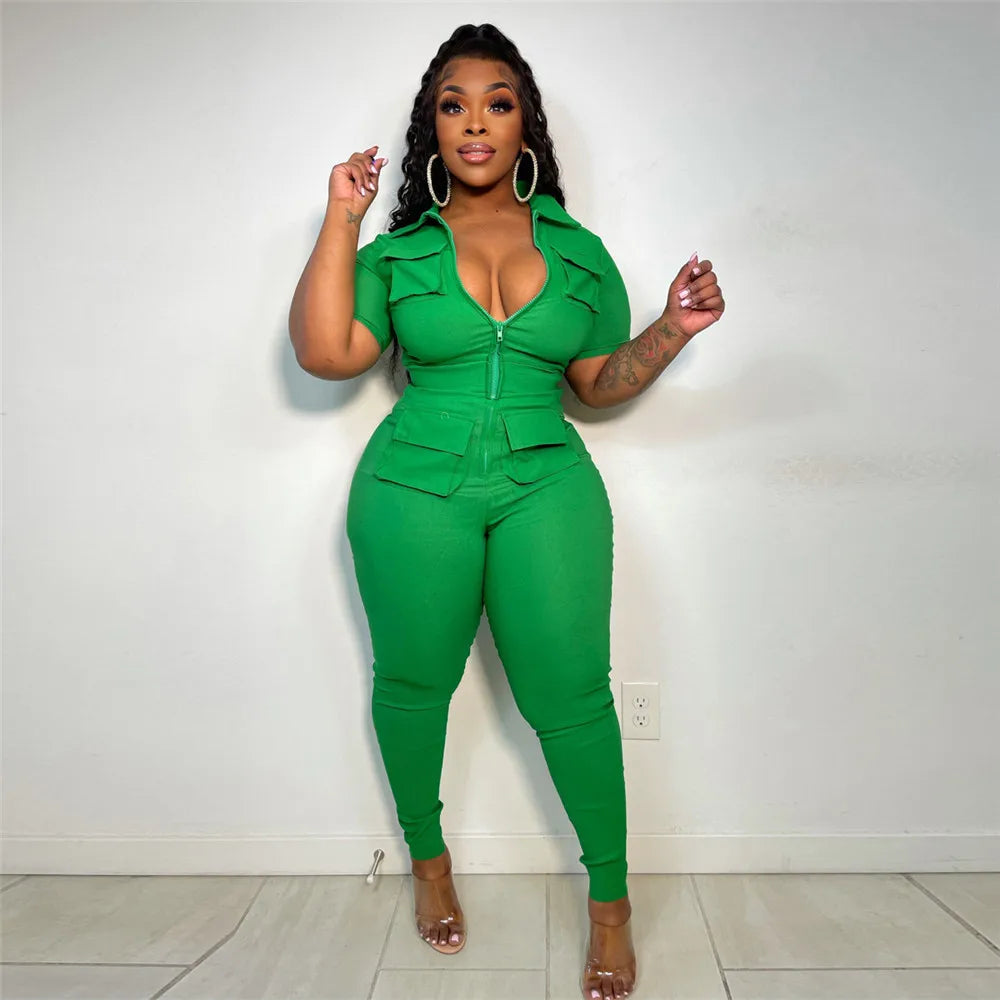 Wmstar Jumpsuit Women Summer Romper V Neck Zipper Short Sleeves Solid Pockets One Piece Outfits Bodysuit Wholesale Dropshipping