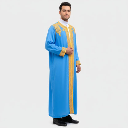 luxury Gold Embroidered Arab Traditional Long Robe Thobe Men's Formal Dress Middle East Ethnic Style Polyester Fiber