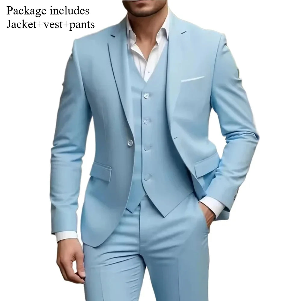 Men's 3 Piece Suit Set Wedding Solid Color Blazer Vest Pants Formal Business Dress Classic Tuxedo for Party Groomsmen