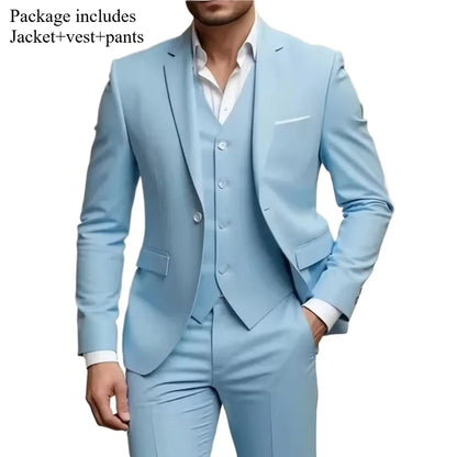 Men's 3 Piece Suit Set Wedding Solid Color Blazer Vest Pants Formal Business Dress Classic Tuxedo for Party Groomsmen
