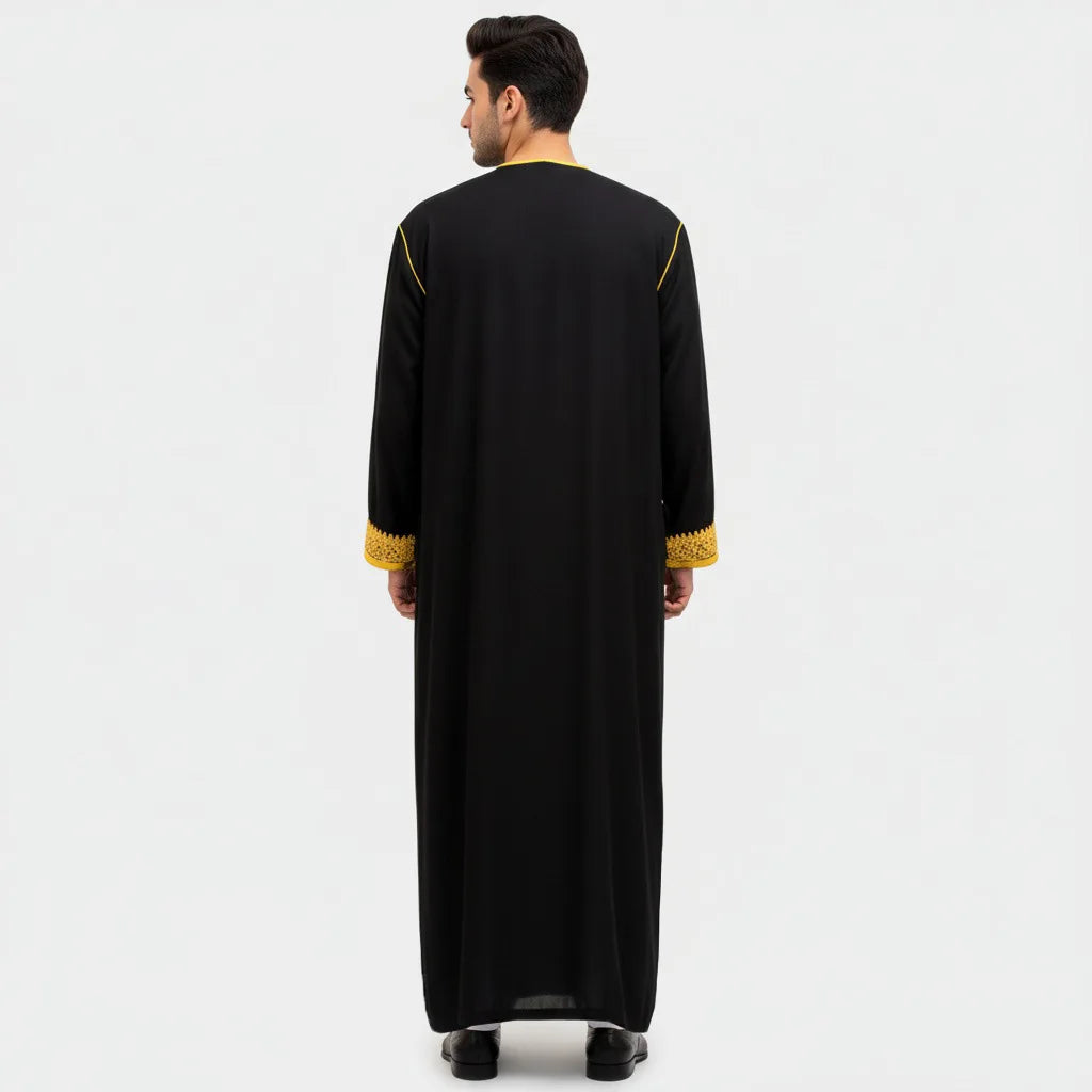 luxury Gold Embroidered Arab Traditional Long Robe Thobe Men's Formal Dress Middle East Ethnic Style Polyester Fiber