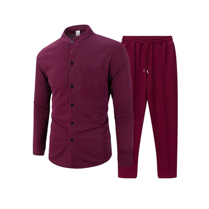 New autumn men's suit, waffle plain-colored long-sleevedshirt with pocket cardigan, stylish men's casual clothing long pants set