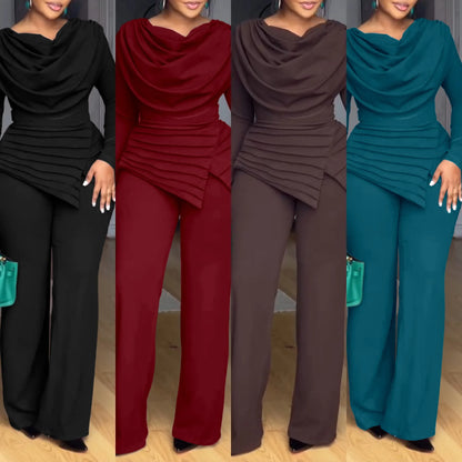 2025 Swing Collar Ruched Jumpsuit Long Sleeve Solid Elegant Office Lady Asymmetric Hem Casual Vintage Ruched Slim Autumn
