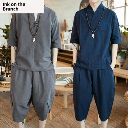 Loose Men's Short Sleeve T-Shirt Set Spring Summer Vintage Retro Tang Costume Hanfu Two-Piece Set Fitness Casual Wear Cotton