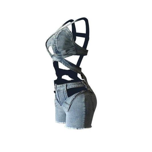 Ensemble 2 pièces Denim – Top Halter & Short Mini – Style Sexy & Club