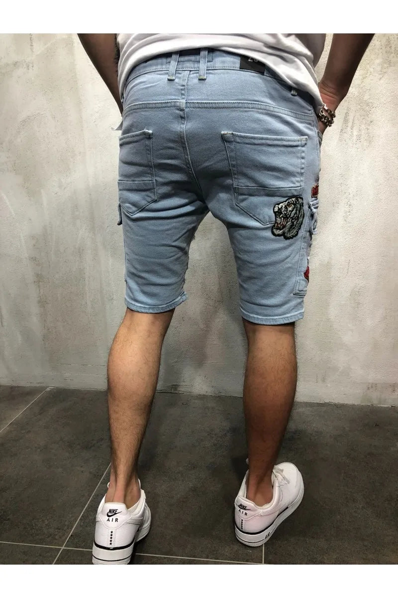 2026 Men's Summer Short Jeans High Stretch Fashion Casual Denim Shorts Male Slim Fit Elastic Badge Pockets Hole Shorts for Men