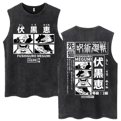 Anime Jujutsu Kaisen Satoru Gojo Vintage Wash Tank Tops Men Women Classic Manga Cotton T Shirt Fashion Loose Sleeveless T-Shirt