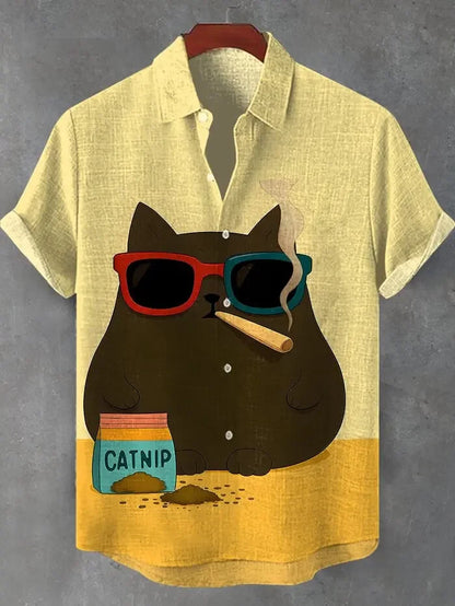 Funny Men's Cat Drinking Beer Shirts 3D Print Hawaiian Shirts Summer Men Women Short Sleeve Blouse Casual Vacation Beach Y2k Top