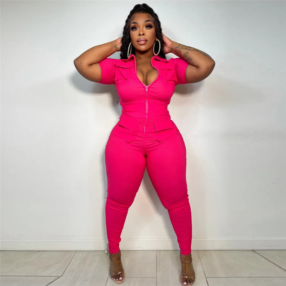 Wmstar Jumpsuit Women Summer Romper V Neck Zipper Short Sleeves Solid Pockets One Piece Outfits Bodysuit Wholesale Dropshipping