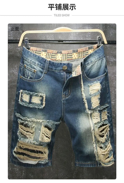 Short Denim Patchwork &amp; Déchiré Homme – Style Casual, Coupe Ajustée &amp; Lavage Souple