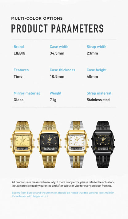 LIEBIG Luxury Dual Display Time Quartz Watches For Men Women Fashion Outdoor Sports Week Waterproof Digital Wristwatches Relojes