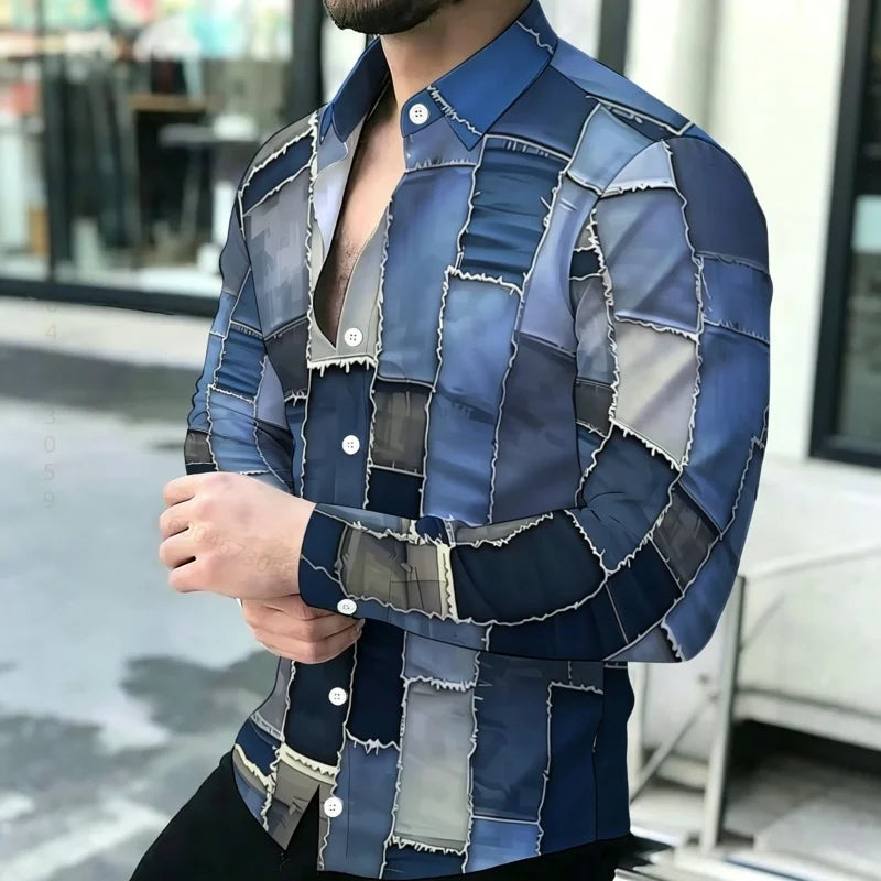 Men's shirt with contrasting stripes, long sleeved shirt, simple geometric lines, slim fit shirt, high-quality business top