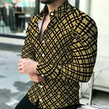 Men's shirt with contrasting stripes, long sleeved shirt, simple geometric lines, slim fit shirt, high-quality business top