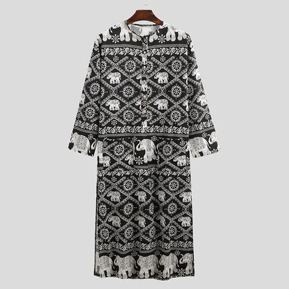 Men's Muslim Robes Ethnic Graphics Printed Long Sleeve Cotton Pockets Robes Casual Islamic Arab Kaftan Dubai Kaftan 2025 New
