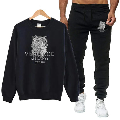 Men's autumn round neck sweatshirt set, luxurious printed simple casual sports set