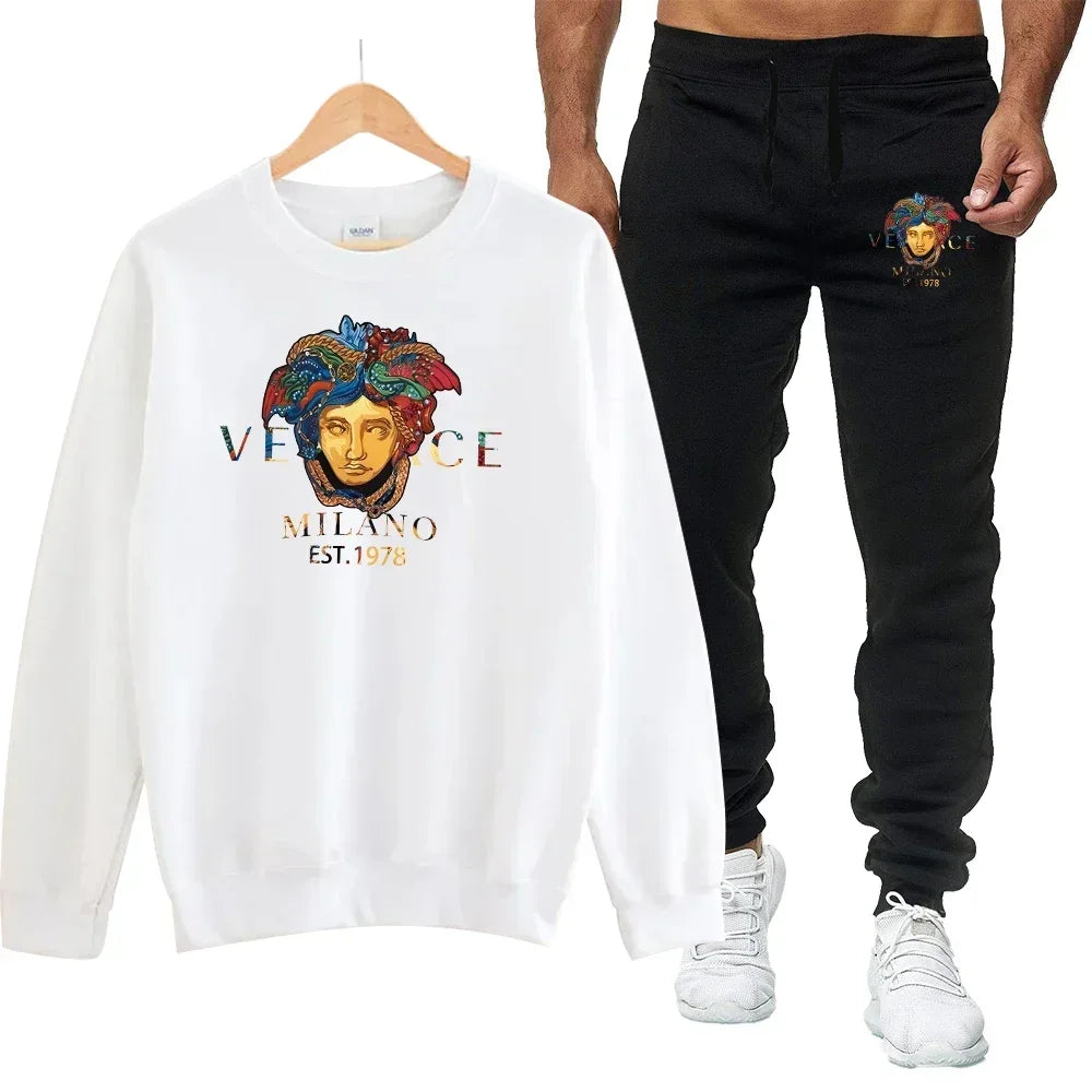 Men's autumn round neck sweatshirt set, luxurious printed simple casual sports set