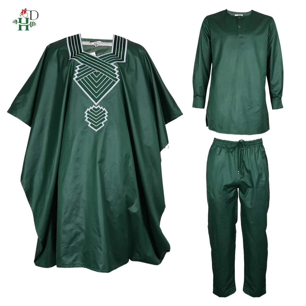 H&D African Clothing Traditional 3PCS Outfit For Man Bazin Riche Agbada Embroidery Wedding Party Plus Size Muslim Men Clothing