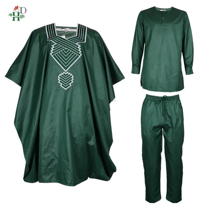 H&D African Clothing Traditional 3PCS Outfit For Man Bazin Riche Agbada Embroidery Wedding Party Plus Size Muslim Men Clothing