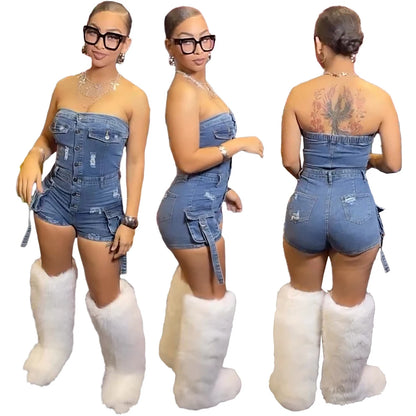New Arrivals Summer Women Sexy Tube Top Blue Denim Romper Strapless Fashion Wholesale Stretchy Demin Jeans Outfit Woman Jumpsuit