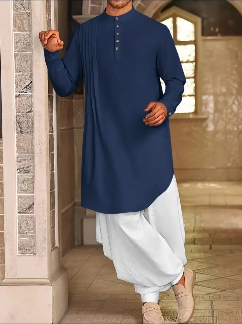 2026 Summer New Muslim Middle East Arab Malaysia Mens Button Cotton Linen Shirt Muslim Robe Long Sleeve Traditional Tops
