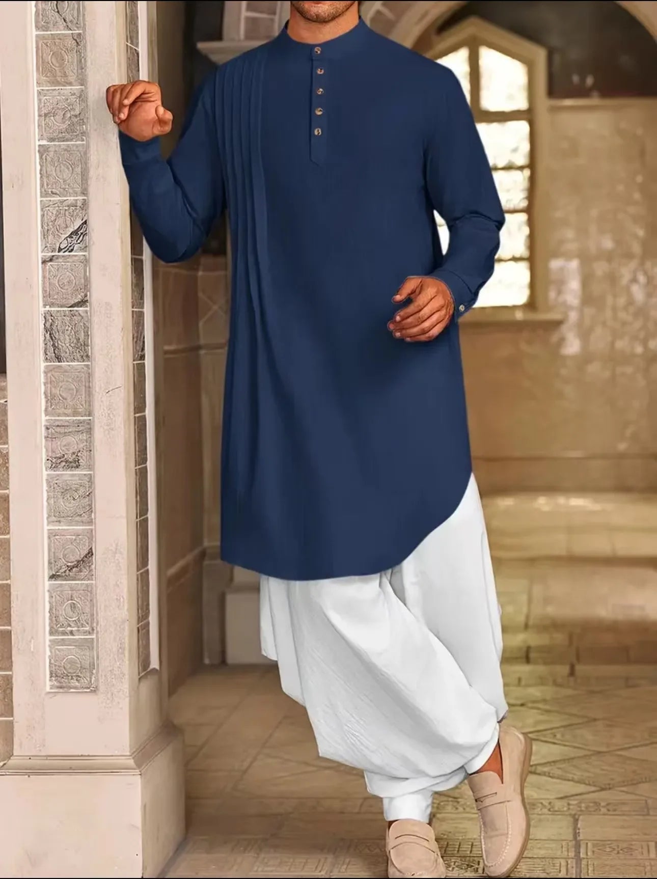 2026 Summer New Muslim Middle East Arab Malaysia Mens Button Cotton Linen Shirt Muslim Robe Long Sleeve Traditional Tops