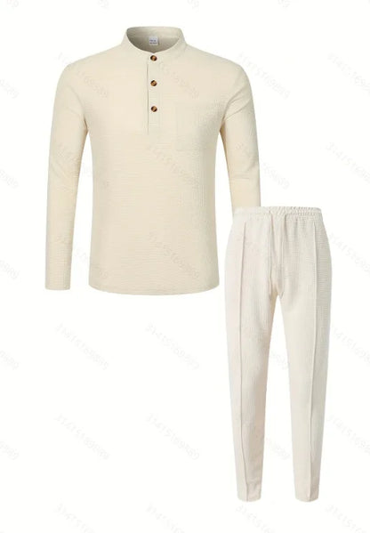 Men's Waffle Check Stand-Up Collar Semi-Casual Business Suit Button-Down Top with Comfortable Trousers have 1/2pieces