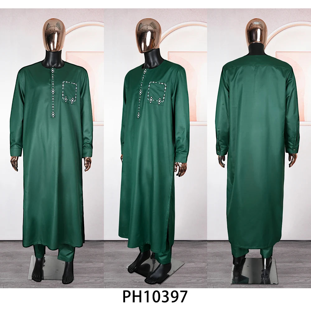 New African Traditional Clothes For Business Men Embroidery Dashiki Robe Shirt and Pants Sets 2 PCS Outfits Wedding Party 2025