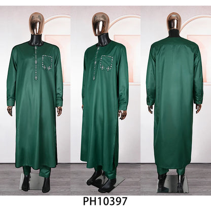New African Traditional Clothes For Business Men Embroidery Dashiki Robe Shirt and Pants Sets 2 PCS Outfits Wedding Party 2025
