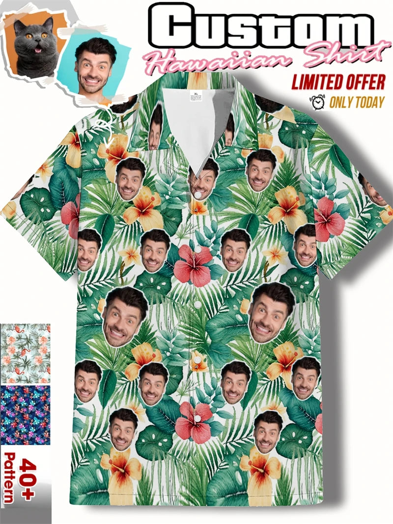 Free Custom Photo Face Team Hawaiian Man Shirts Coconut Tree Pattern Personalized Diy Face Beach Men Short Sleeve Aloha Shirts