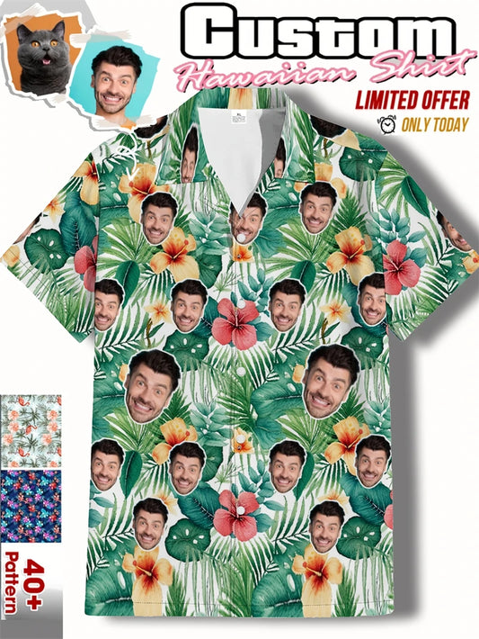 Free Custom Photo Face Team Hawaiian Man Shirts Coconut Tree Pattern Personalized Diy Face Beach Men Short Sleeve Aloha Shirts