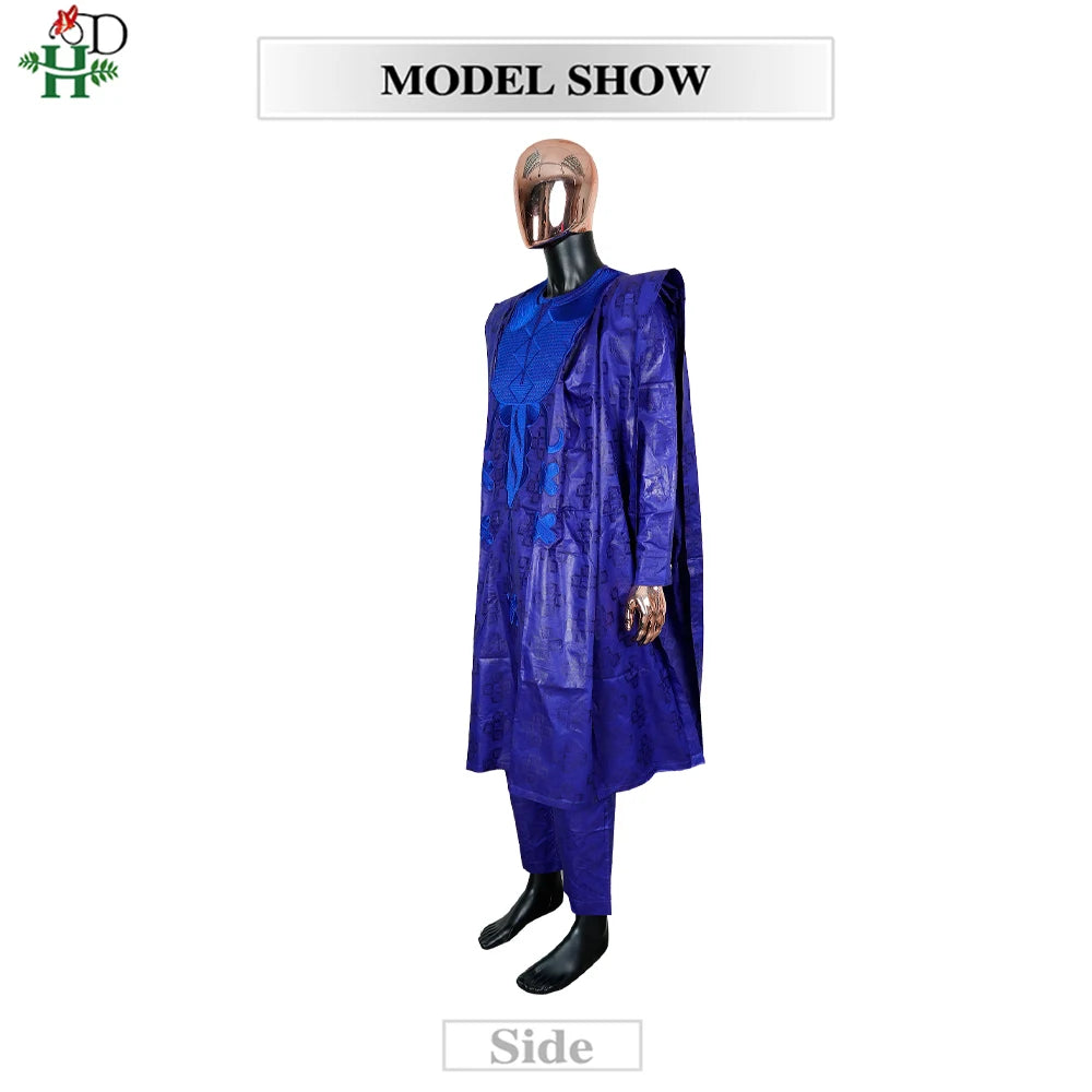 H&D African Clothing Traditional 3PCS Outfit For Man Bazin Riche Agbada Embroidery Wedding Party Plus Size Muslim Men Clothing