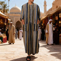 New Men Islam Qamis Muslim Striped Robes Long Sleeve Button-down Arabian Kaftan Suit Middle East Dubai Abaya Summer Man Clothing